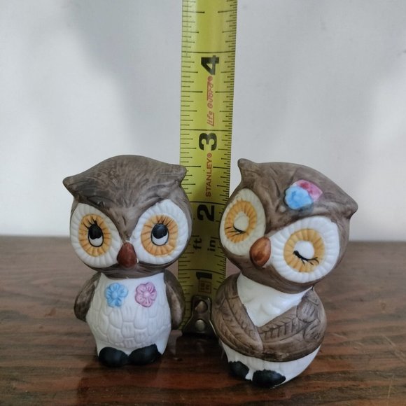 Owl With Flowers Salt Pepper Shakers Cartoon Animated Porcelain Bisque 2.75" - Picture 6 of 6